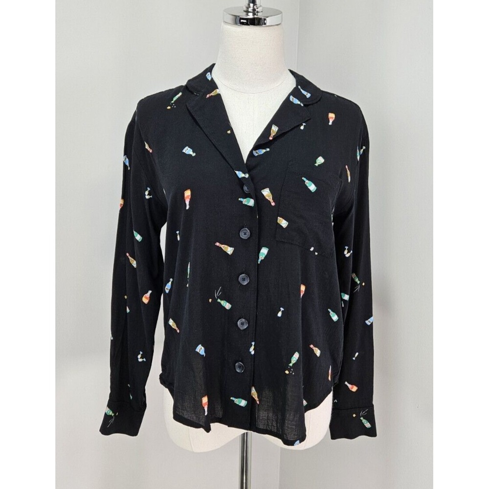 Maeve Anthropologie Champagne Bottle Print Button Down Shirt Black XS Novelty